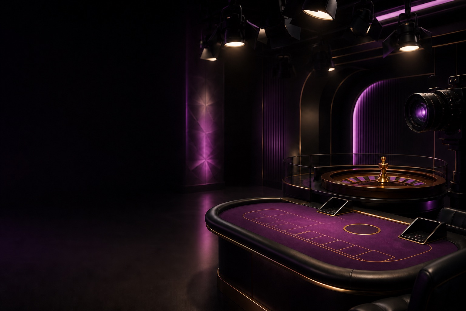 Live casino studio with unmarked roulette and card tables