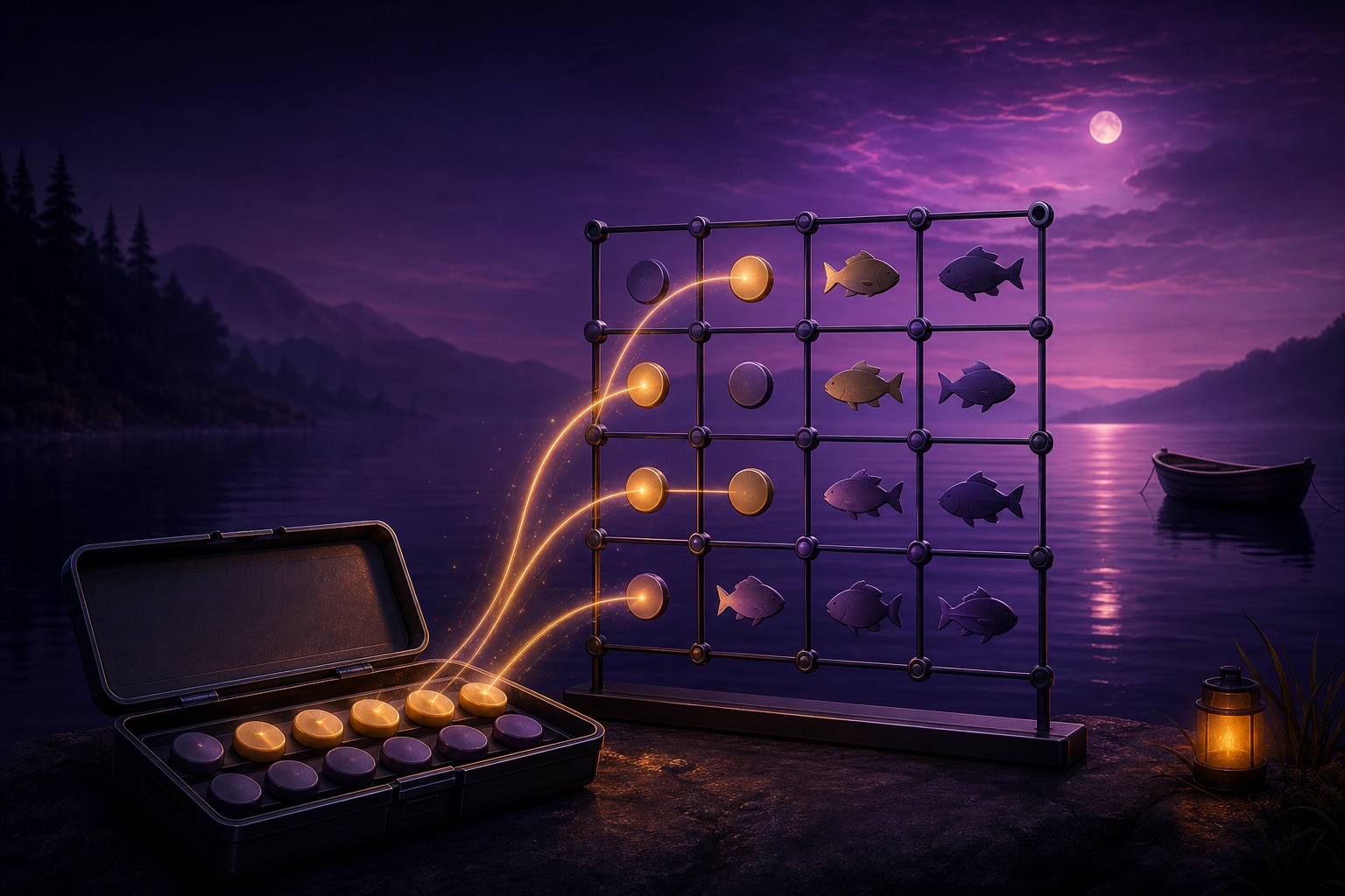 Original fishing-themed illustration of collection and free-spin mechanics