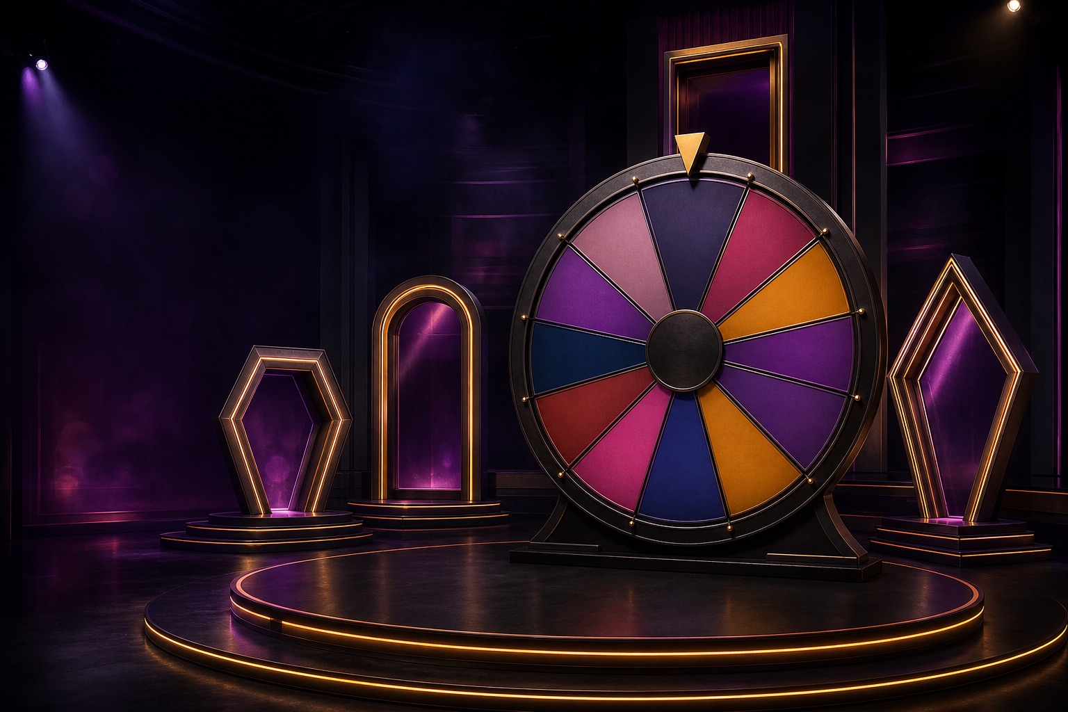Original presenter-free game-show wheel mechanics illustration